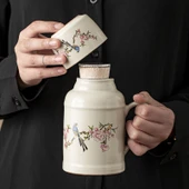 Seramik Termos - Mor Salkım Desenli + Çay Fincanı + Seyahat Çantası - 3