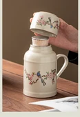 Seramik Termos - Mor Salkım Desenli + Çay Fincanı + Seyahat Çantası - 8