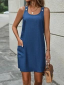 Kadın askılı omuzlardan düğmeli cepli keten elbise - 3