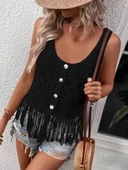 Kadın askılı yuvarlak yaka önden düğmeli püsküllü triko bluz - 3