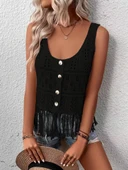 Kadın askılı yuvarlak yaka önden düğmeli püsküllü triko bluz - 5