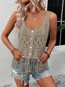 Kadın askılı yuvarlak yaka önden düğmeli püsküllü triko bluz - 4