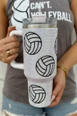 40 Oz Kulplu Beyaz Rhinestone Voleybol Su Bardağı (Beyaz) - 1