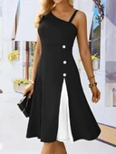 Kadın tek omuzu şerit detaylı kolsuz yandan düğme detaylı janjan krep elbise - 1