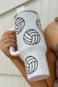 40 Oz Kulplu Beyaz Rhinestone Voleybol Su Bardağı (Beyaz) - 2