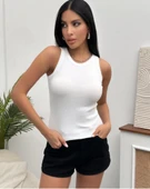 Kadın Esnek Crop Halter Yaka Fitilli Örme Bluz - 3