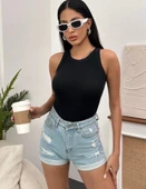 Kadın Esnek Crop Halter Yaka Fitilli Örme Bluz - 2