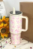 Çiçek Desenli Saplı Termos Bardak - 40oz (Beyaz) - 3