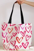 Kalp Desenli Kanvas Tote Çanta (Parlak Pembe) - 5