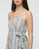 Kuşaklı çizgili mini keten elbise thumbnail 7