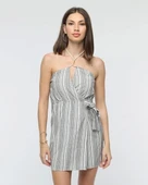 Kuşaklı çizgili mini keten elbise thumbnail 1