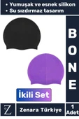 Premium Su Geçirmez Elastik Yumuşak Yüzücü Havuz Deniz Yüzme Şapkası Esnek Silikon Bone 2'Li SET - 1