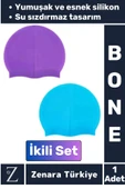 Premium Su Geçirmez Elastik Yumuşak Yüzücü Havuz Deniz Yüzme Şapkası Esnek Silikon Bone 2'Li SET - 1