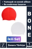 Premium Su Geçirmez Elastik Yumuşak Yüzücü Havuz Deniz Yüzme Şapkası Esnek Silikon Bone 2'Li SET - 1