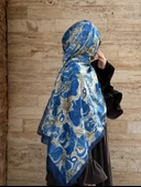 Pamuklu Mimoza Desen Şal- Lacivert/Yağ Yeşil - 4