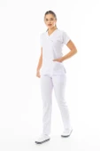 Likra Yarasa Kol Doktor Hemşire Forması Alt Üst Takım Beyaz (LYRS1014) - 2