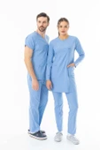 Likra Uzun Kol Doktor Hemşire Forması Alt Üst Takım Açık Mavi (LTST20019) - 10