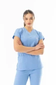 Likra Yarasa Kol Doktor Hemşire Forması Alt Üst Takım Açık Mavi (LYRS10013) - 4
