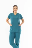 Likra Yarasa Kol Doktor Hemşire Forması Alt Üst Takım Petrol Yeşili (LYRS1015) - 3
