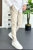 Erkek Beli Düğmeli Pamuklu Dar Kalıp Pantolon Bej Edw364 thumbnail 2