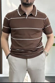 Erkek Açık Yaka Yan Çizgili Tişört Kahverengi Edw259 thumbnail 1