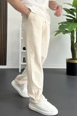 Erkek Beli Düğmeli Baggy Kalıp Pileli Pantolon Krem Edw357 - 3