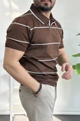 Erkek Açık Yaka Yan Çizgili Tişört Kahverengi Edw259 thumbnail 3
