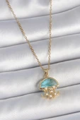 316L Çelik Gold Renk Mavi Taşlı Deniz Anası Model İnci Detay Kadın Kolye - 1