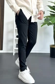 Erkek Beli Düğmeli Pamuklu Dar Kalıp Pantolon Siyah Edw364 - 2