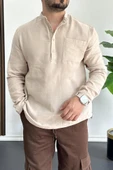 Erkek Hakim Yaka Yarım Patlı Cepli Gömlek Bej Edw361 - 1