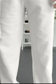 Erkek Beli Düğmeli Baggy Kalıp Pileli Pantolon Beyaz Edw357 - 5