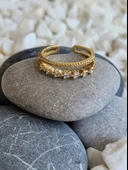 İki Sıralı Damla Taş Model Ayarlanabilir Gold Renk Çelik Yüzük - 1