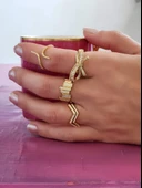 Zikzak Geometrik Model Sedefli Zirkon Taşlı Ayarlanabilir Gold Renk Çelik Yüzük - 5