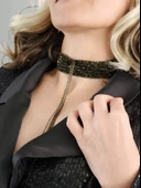 Sıralı Zincir Dokuma Sallantılı Vücut Tasma Choker Siyah Gold El Yapımı Kolye - 4