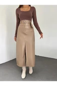 Derin Yırtmaçlı Kendinden Kemerli Maxi Boy Suni Deri Etek - 3