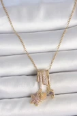 316L Çelik Gold Renk Sallantı Zirkon Taşlı Mor Taşlı Ayıcık Figür Charm Kadın Kolye - TJ-BKO10098 - 1