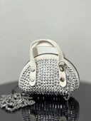 Krem Süet Kumaş, Tek Bölmeli, Zincir Askılı,Fermuarlı, Taşlı, Mini El Ve Omuz Çantası 10 cm - 1