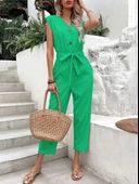 Keten Kadın V Yaka Tek Sıra Düğmeli Kolsuz Yeşil Tulum thumbnail 1