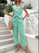 Keten Kadın V Yaka Tek Sıra Düğmeli Kolsuz Su Yeşili Tulum thumbnail 1