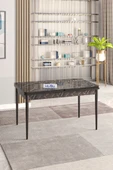 Lajibu Rex Serisi Siyah 80x130 Açılır Yemek Masası , Yemek Masa Takımı Metal Ayaklı 6 Krem Sandalye - 4