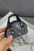 siyah(beyaztaş) Süet Kumaş, Tek Bölmeli, Zincir Askılı,Fermuarlı, Taşlı, Mini El Ve Omuz Çantası 10 cm - 4