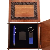Ahşap Kutulu Mavi Kalem Anahtarlık ve Çakmak Set - 1