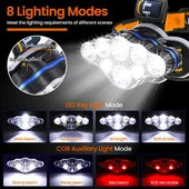 PS-888 Güçlü USB Şarj Edilebilir Profesyonel 8 Modlu 6000 Lümen 8 LED Su Geçirmez Kafa Lambası - 4