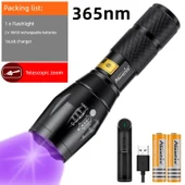 Mor Işıklı Para Tanıma El Feneri - E17 Violet Işık/365nm Seti (MC3 Şarj + 2 18650 Pil) - 1