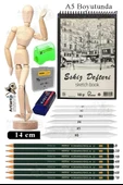 Ahşap İnsan Modeli 14 cm A5 15x21cm Eskiz Defteri Dereceli Karakalem Seti Dağıtma Kalemi Hamur Silgi Kalemtraş - 1