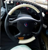 DİKİŞLİ DİREKSİYON KILIFI KREM DERİ SİYAH DERİ / DİKİŞLİ SCANİA TIR KAMYON (FOTOĞRAFTAKİ) İÇİN thumbnail 1