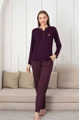 Kadın Mürdüm Desenli V Yaka 3 Düğmeli Likralı Viskon Mevsimlik Uzun Kol Pijama Takımı - 11