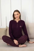 Kadın Mürdüm Desenli V Yaka 3 Düğmeli Likralı Viskon Mevsimlik Uzun Kol Pijama Takımı - 2
