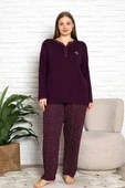 Kadın Mürdüm Desenli V Yaka 3 Düğmeli Likralı Viskon Mevsimlik Uzun Kol Pijama Takımı - 4