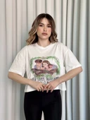 Oversize Beyaz baskılı crop tişört - 2